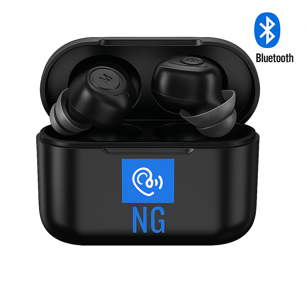 Black wireless earbuds in a charging case with Bluetooth logo on a white background